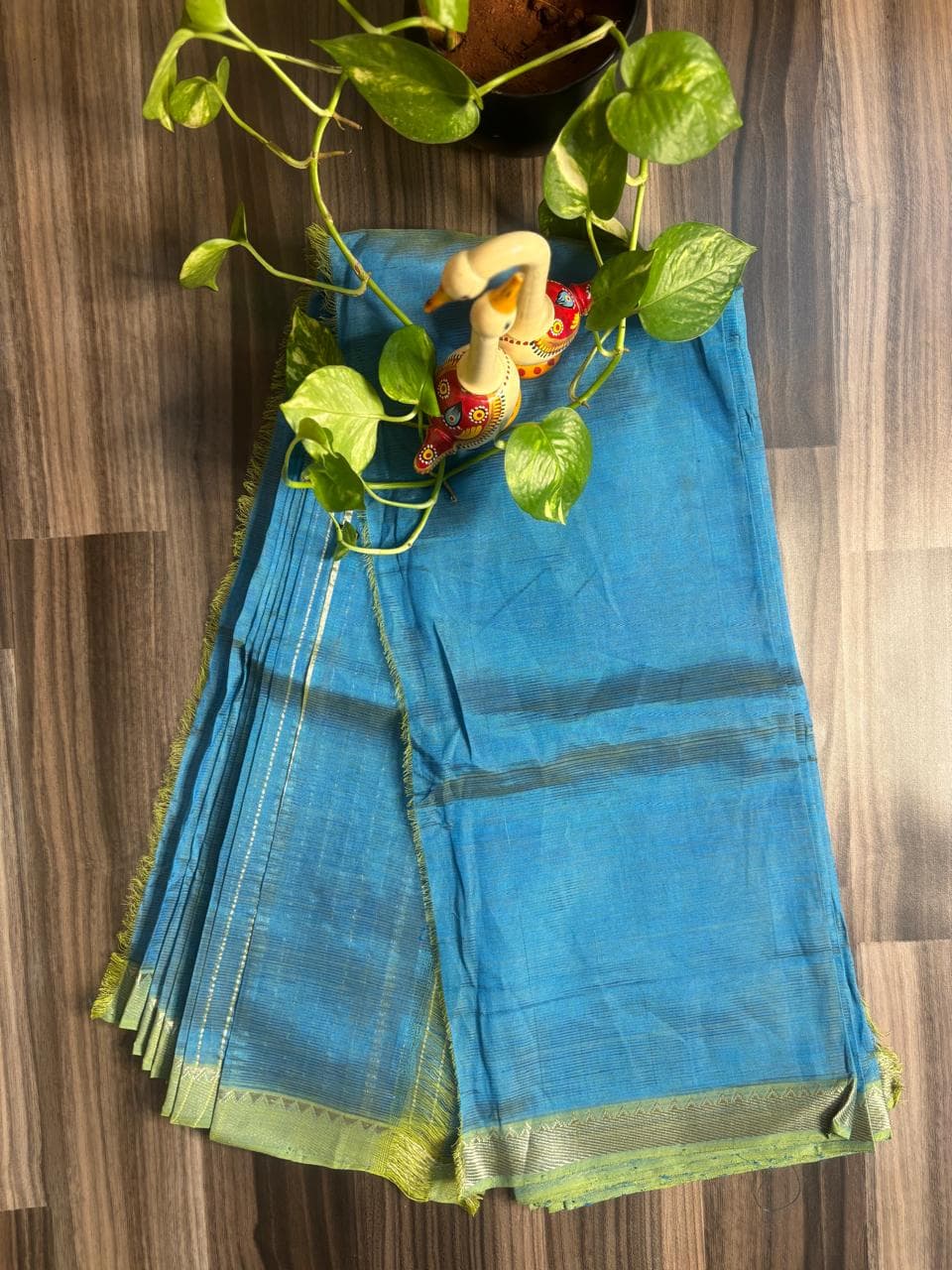 Turquoise Blue with Green Border Mangalagiri Pattu Saree