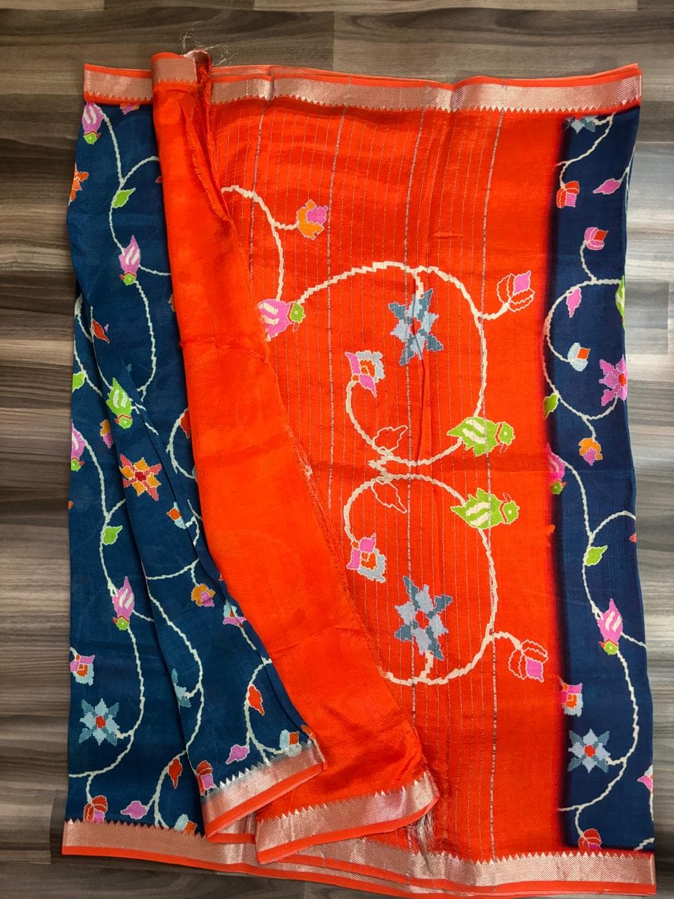 Blue & Orange dyeable Kalamkari Border Cotton Saree
