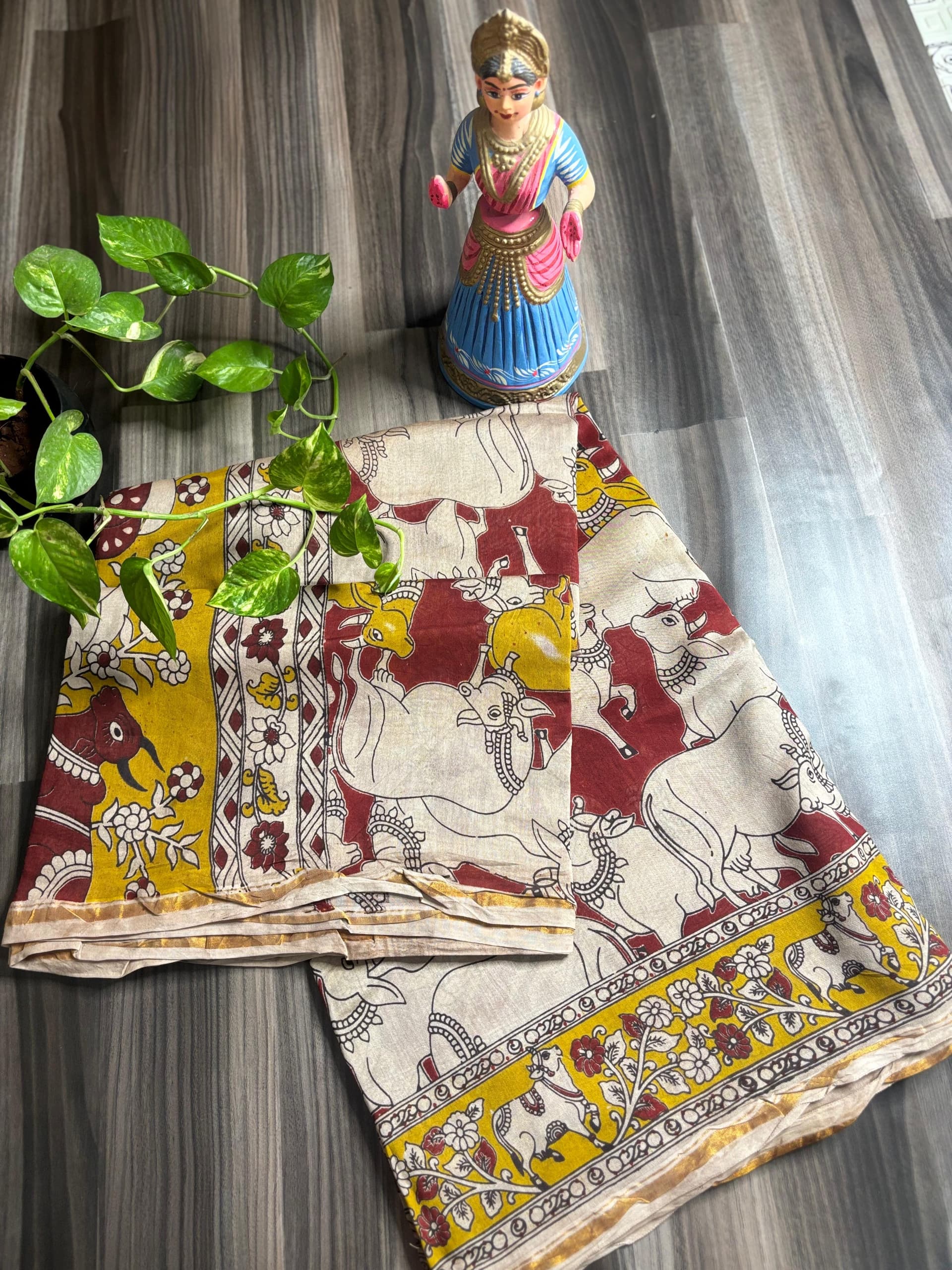 Maroon & Mustard Cow Kalamkari Saree