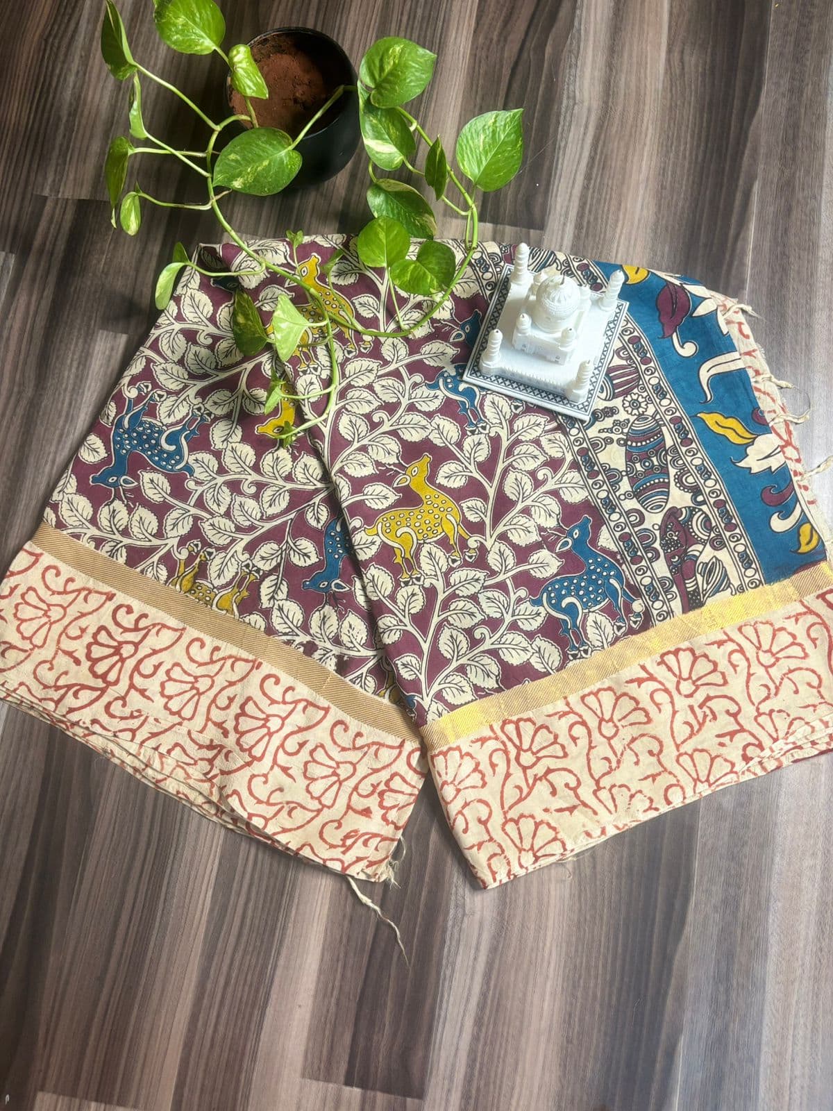 Maroon Forest-Theme Kalamkari Saree