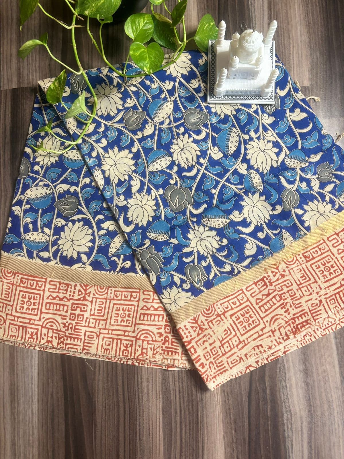 Royal Blue Lotus Kalamkari Saree