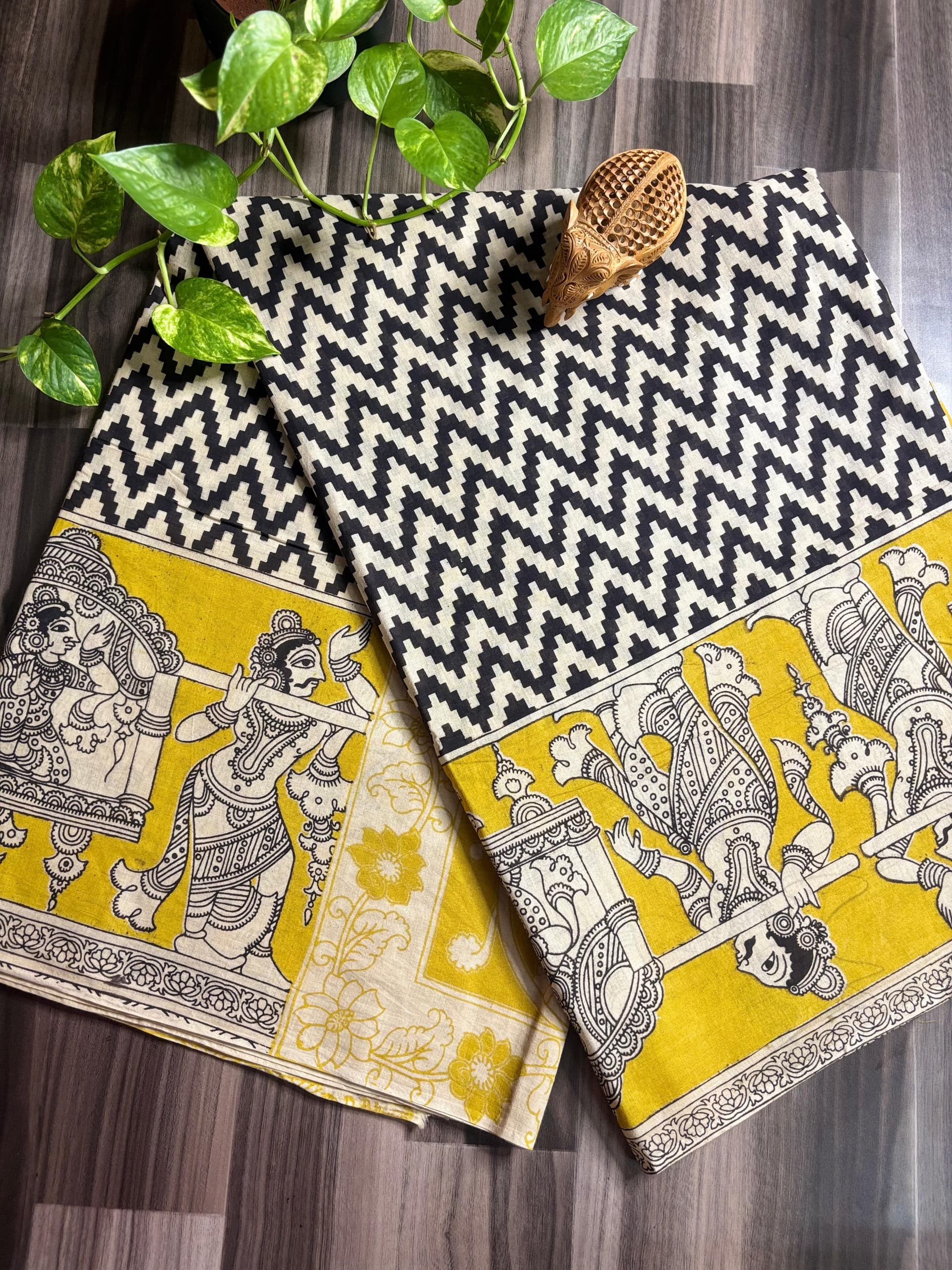 Yellow Mythological Kalamkari Saree