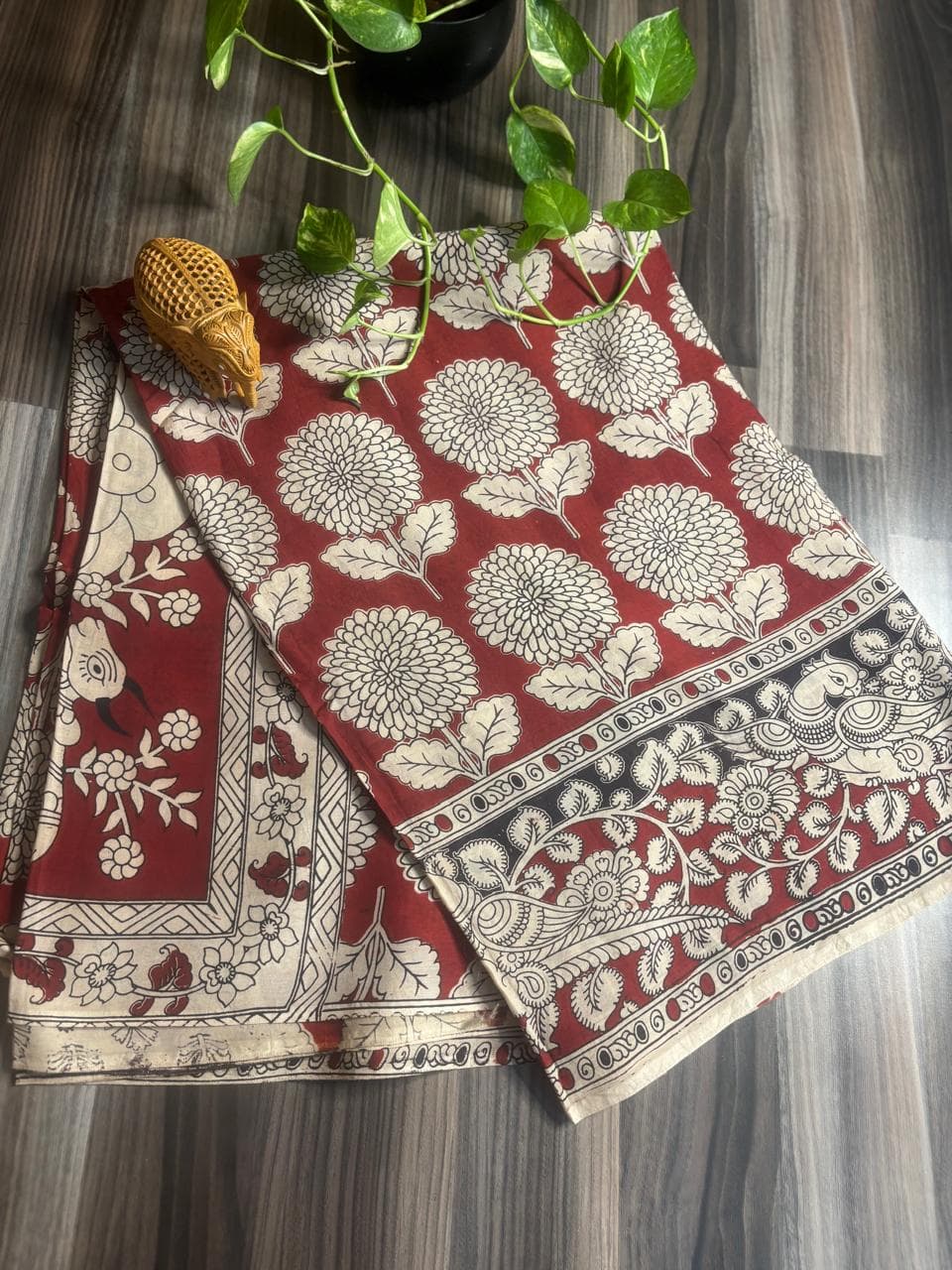 Maroon Chrysanthemum Kalamkari Saree