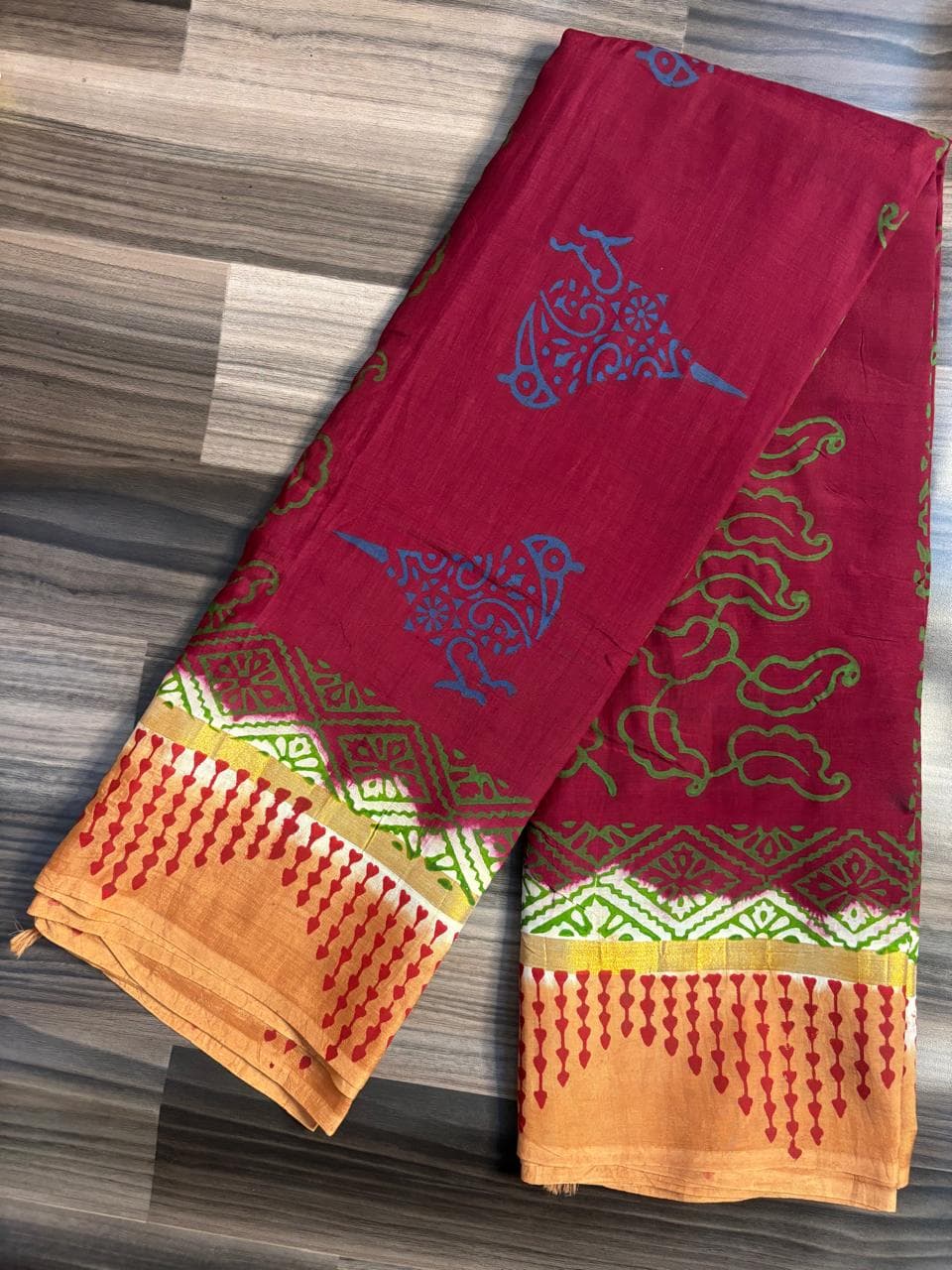 Maroon Bird Print Handblock Cotton Saree