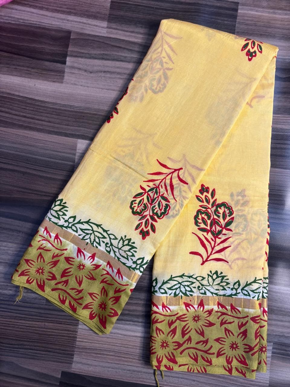 Yellow Floral Handblock Cotton Saree