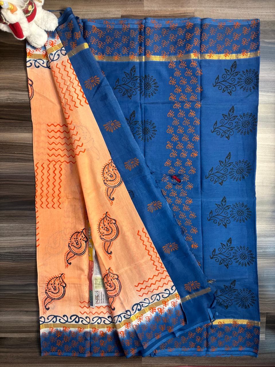 Peach & Blue Dual Tone Handblock Saree