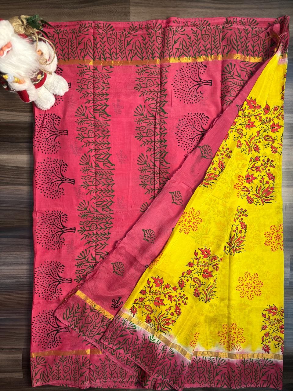 Pink & Yellow Floral Handblock Cotton Saree