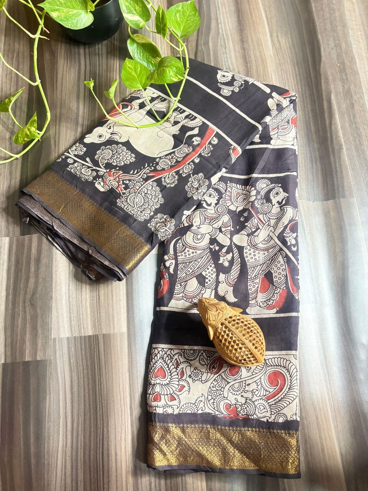 Black Cow & Mythology Kalamkari Saree