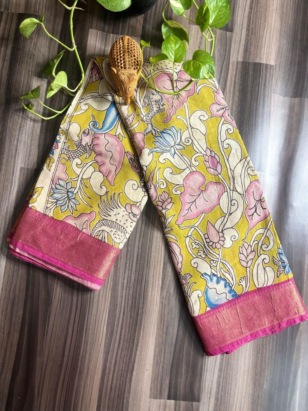 Mustard–Pink Pastel Kalamkari Saree