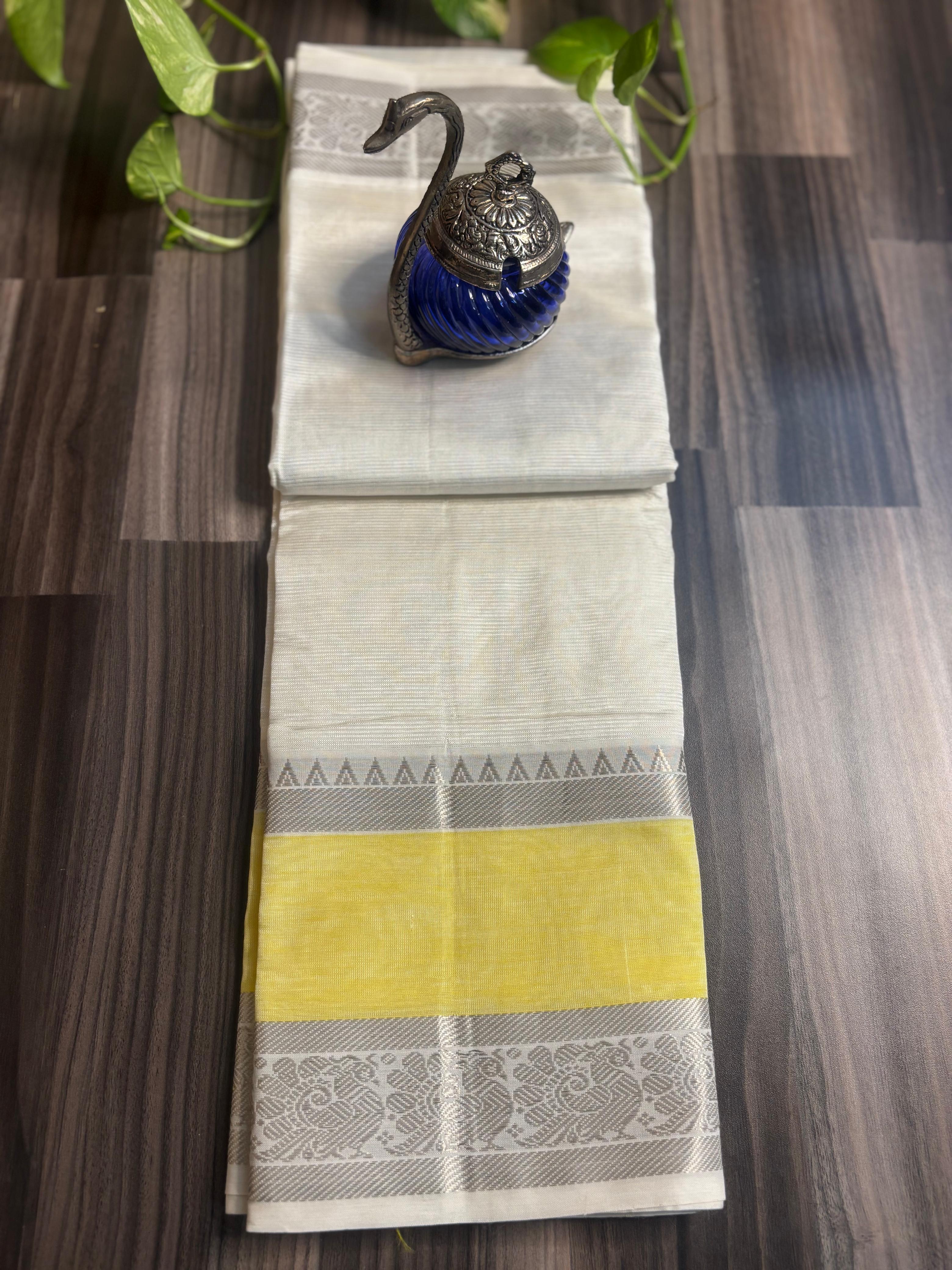 Ivory Yellow Panel Mangalagiri Pattu Saree