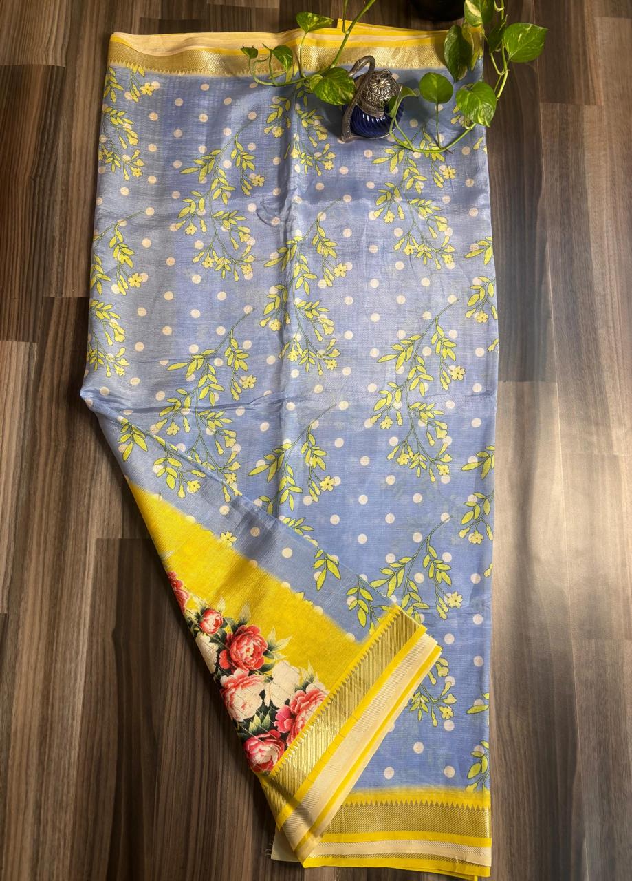 Light Blue Polka Floral Mangalagiri Pattu Saree