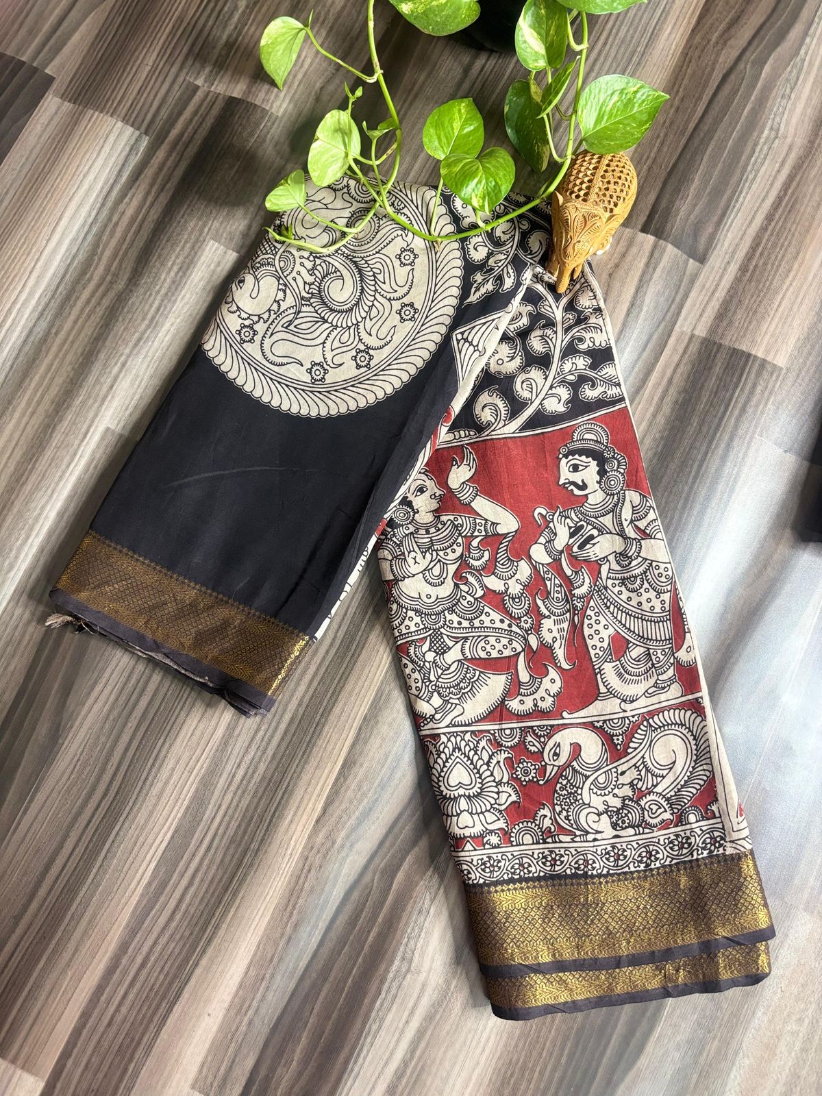 Black–Maroon Mythology Kalamkari Saree